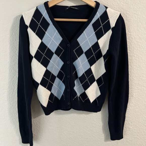 Brandy Melville Argyle Cardigan Sweater Button Front, Preppy Academia black blue - Picture 5 of 7